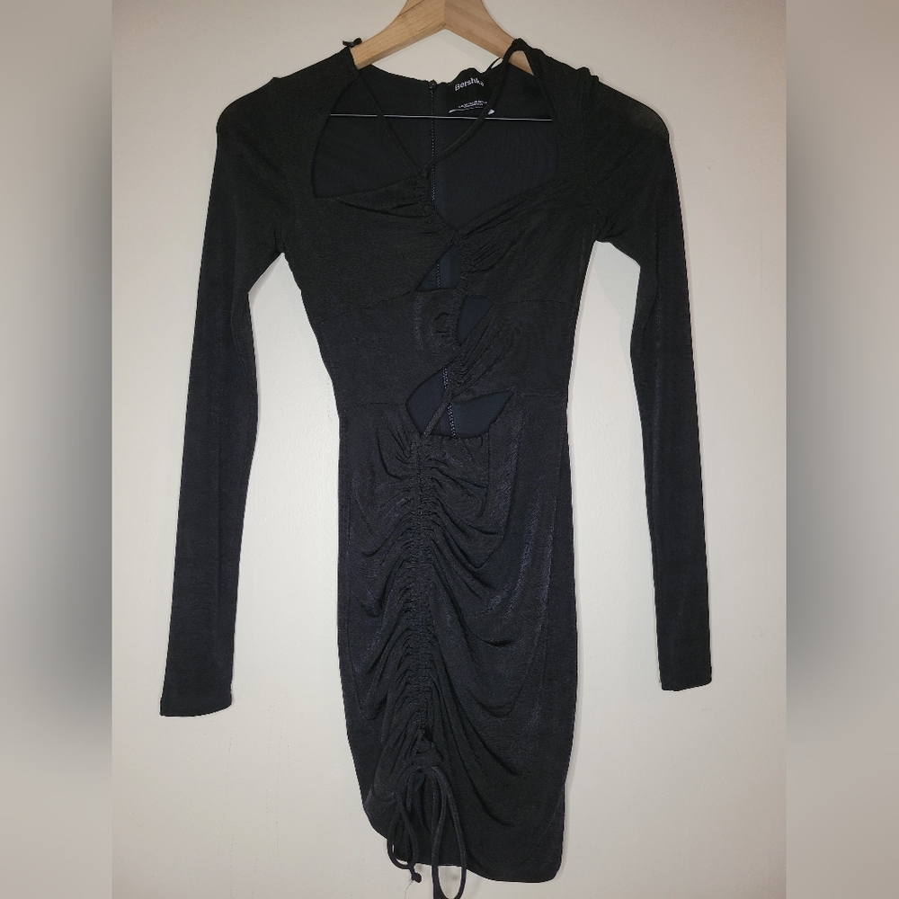 Bershka cutout cinched black long sleeve mini dress,  sz xs